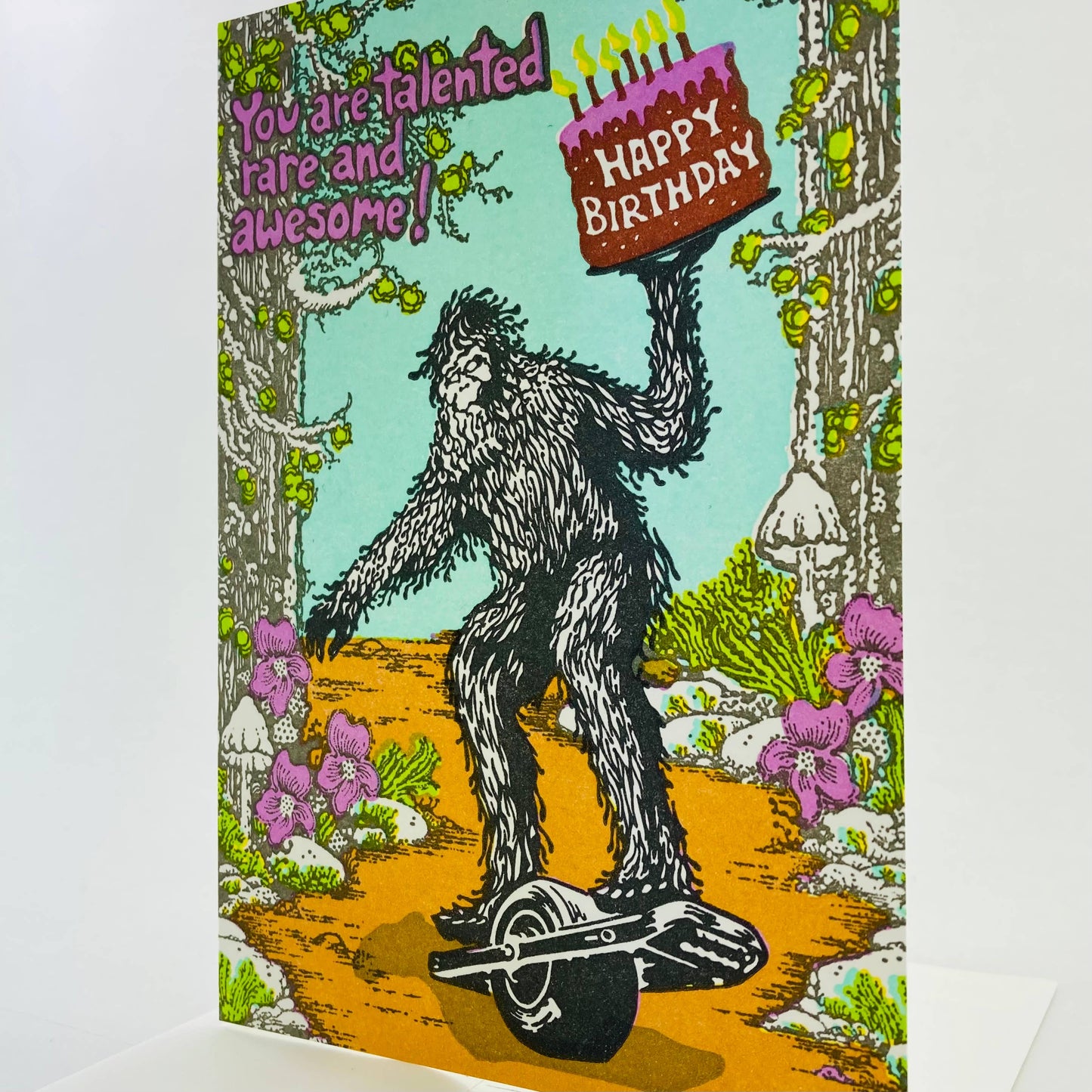 Old School Stationers Happy Birthday Sasquatch riding a one wheel