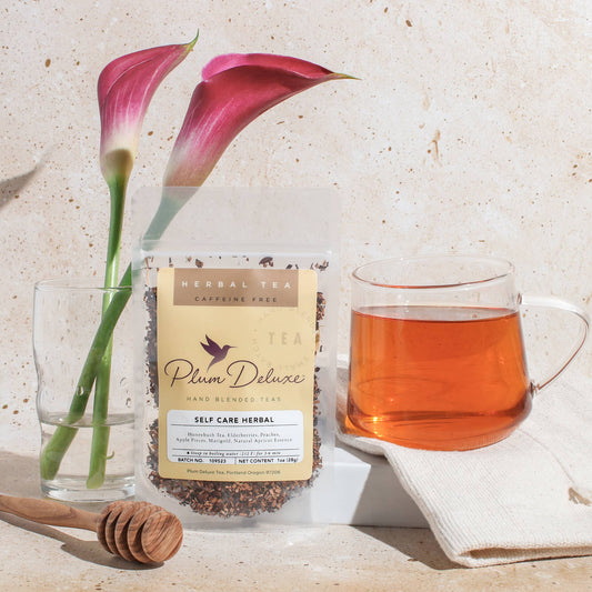 Plum Deluxe Self Care Apricot Elderberry Herbal Loose Leaf Tea Honeybush