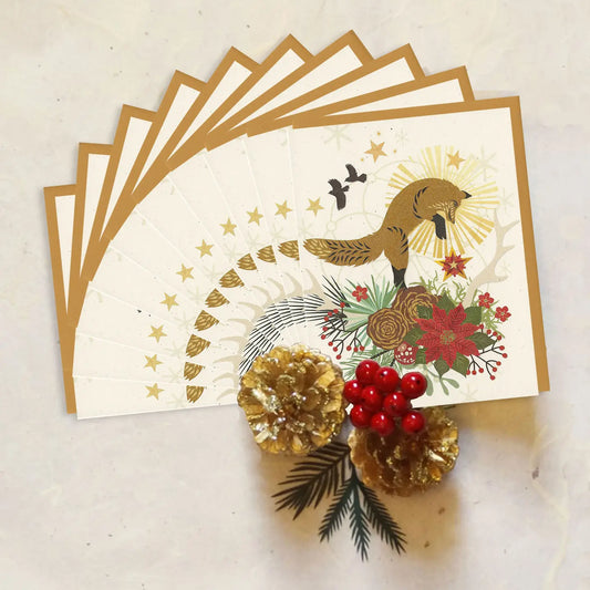 Little Gold Fox Boxed Set of 10 Leaping Fox Holiday Paper Card